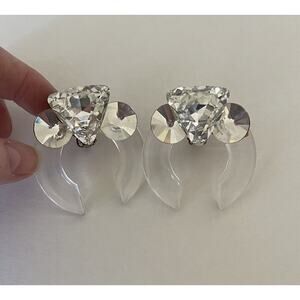 Vintage Lucite Clear Rhinestone Diamond Round Shape Clip On Earrings